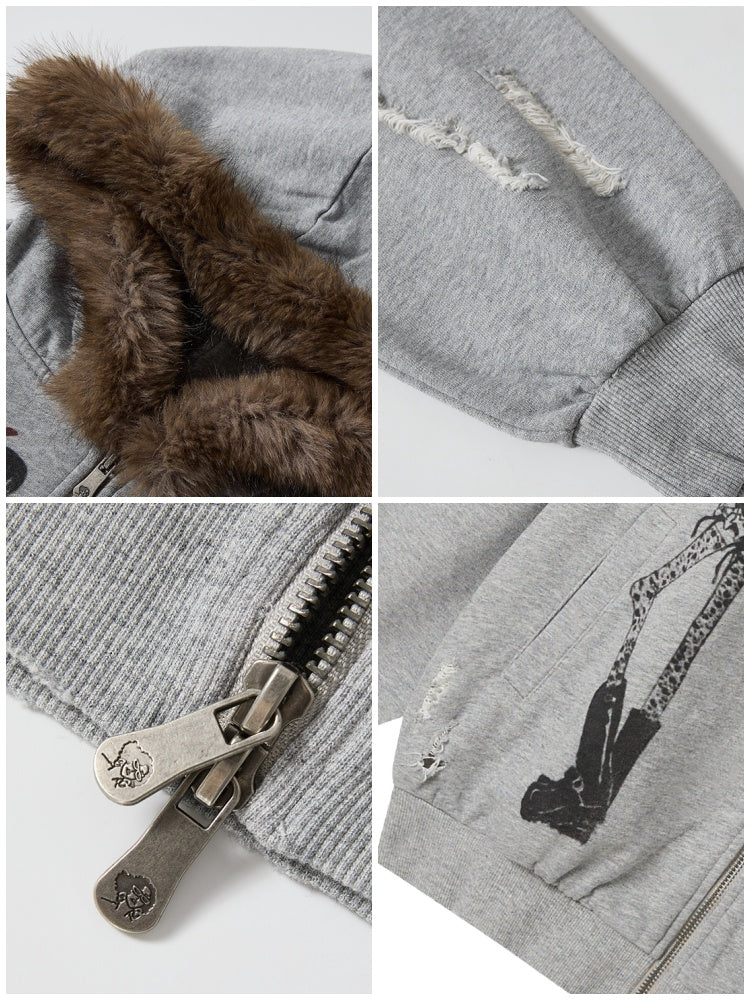 Chemical Girl × NANA Collaboration Mid-Length Loose Ripped Print Fur Collar Hooded Sweatshirt Cardigan【s0000018160】