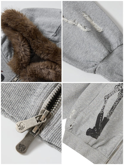Chemical Girl × NANA Collaboration Mid-Length Loose Ripped Print Fur Collar Hooded Sweatshirt Cardigan【s0000018160】