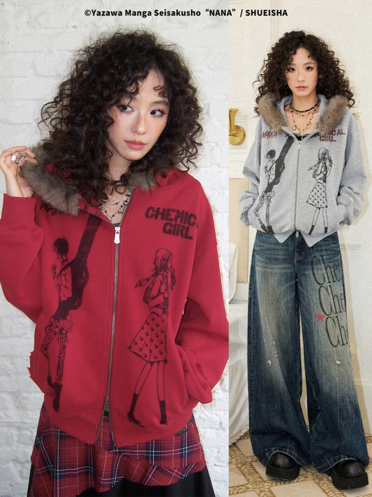 Chemical Girl × NANA Collaboration Mid-Length Loose Ripped Print Fur Collar Hooded Sweatshirt Cardigan【s0000018160】