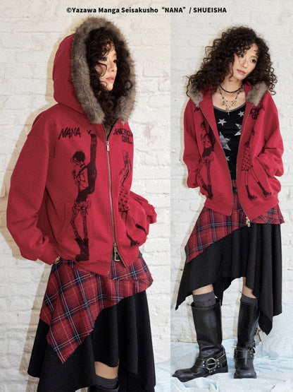 Chemical Girl × NANA Collaboration Mid-Length Loose Ripped Print Fur Collar Hooded Sweatshirt Cardigan【s0000018160】