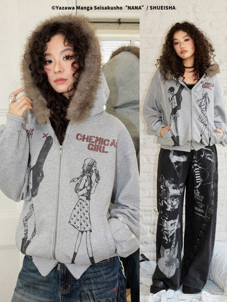 Chemical Girl × NANA Collaboration Mid-Length Loose Ripped Print Fur Collar Hooded Sweatshirt Cardigan【s0000018160】