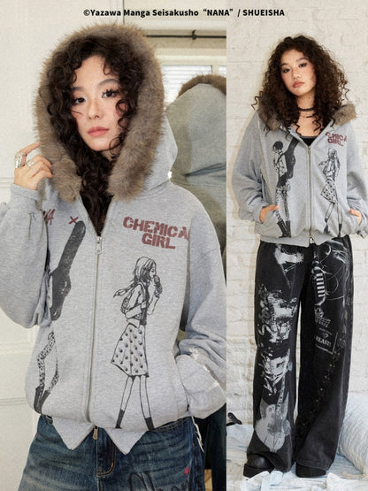 Chemical Girl × NANA Collaboration Mid-Length Loose Ripped Print Fur Collar Hooded Sweatshirt Cardigan【s0000018160】