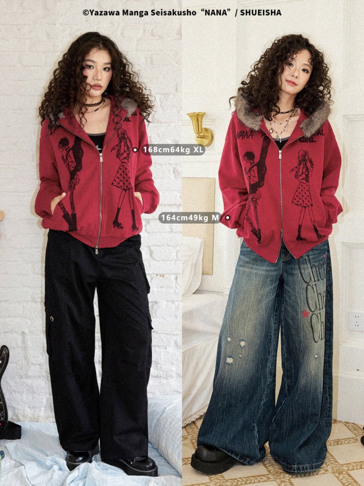 Chemical Girl × NANA Collaboration Mid-Length Loose Ripped Print Fur Collar Hooded Sweatshirt Cardigan【s0000018160】