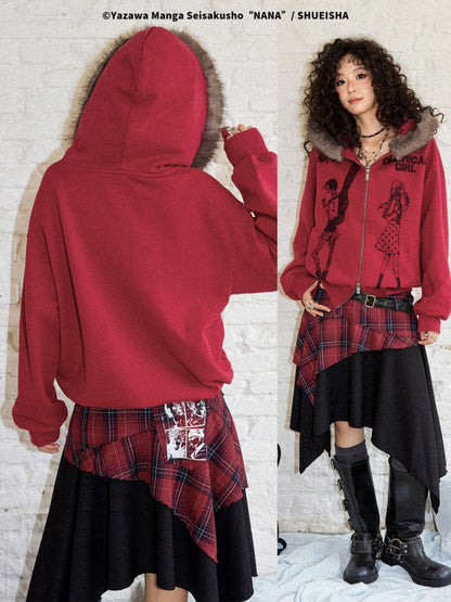 Chemical Girl × NANA Collaboration Mid-Length Loose Ripped Print Fur Collar Hooded Sweatshirt Cardigan【s0000018160】