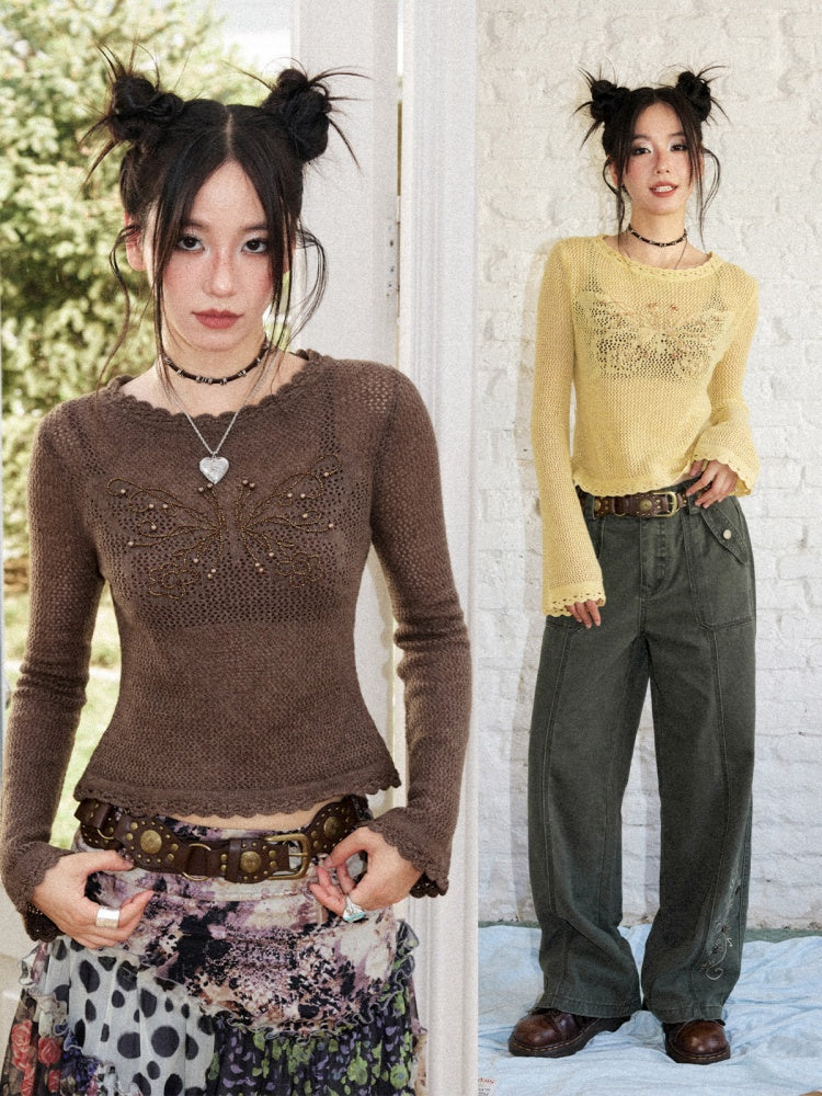Butterfly Dream Echo Vintage Flared Sleeve Handmade Crochet Sweater【s0000018161】