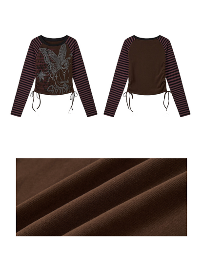 Cat Rhapsody Short Slim Drawstring Knit Striped Patchwork Raglan Sleeve Printed T-Shirt【s0000018162】