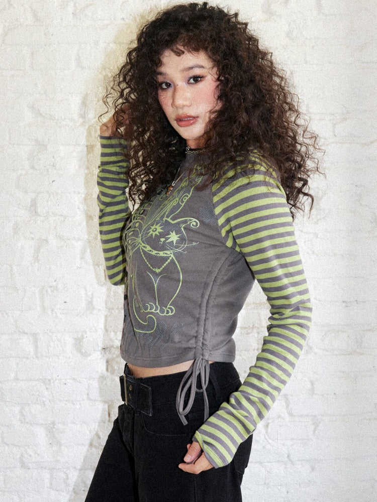 Cat Rhapsody Short Slim Drawstring Knit Striped Patchwork Raglan Sleeve Printed T-Shirt【s0000018162】