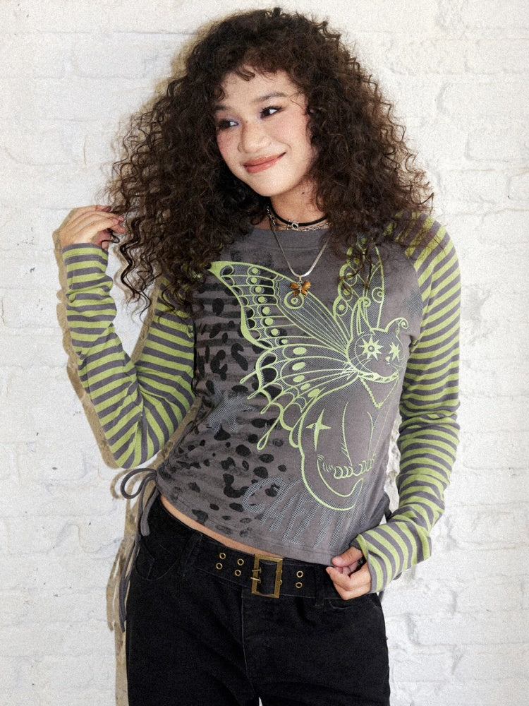 Cat Rhapsody Short Slim Drawstring Knit Striped Patchwork Raglan Sleeve Printed T-Shirt【s0000018162】