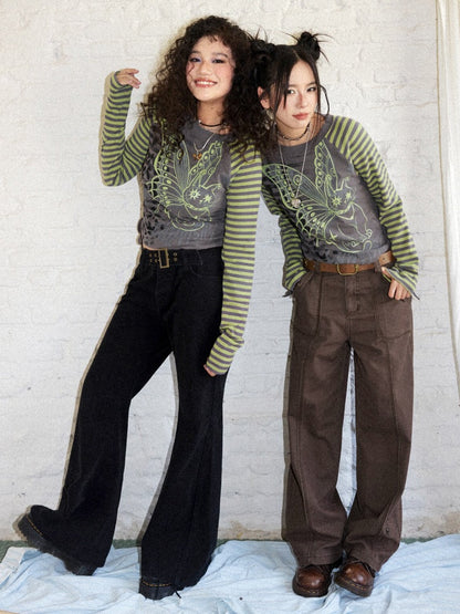 Cat Rhapsody Short Slim Drawstring Knit Striped Patchwork Raglan Sleeve Printed T-Shirt【s0000018162】