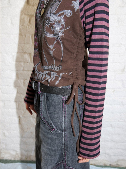 Cat Rhapsody Short Slim Drawstring Knit Striped Patchwork Raglan Sleeve Printed T-Shirt【s0000018162】