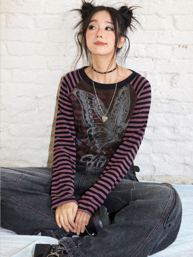 Cat Rhapsody Short Slim Drawstring Knit Striped Patchwork Raglan Sleeve Printed T-Shirt【s0000018162】
