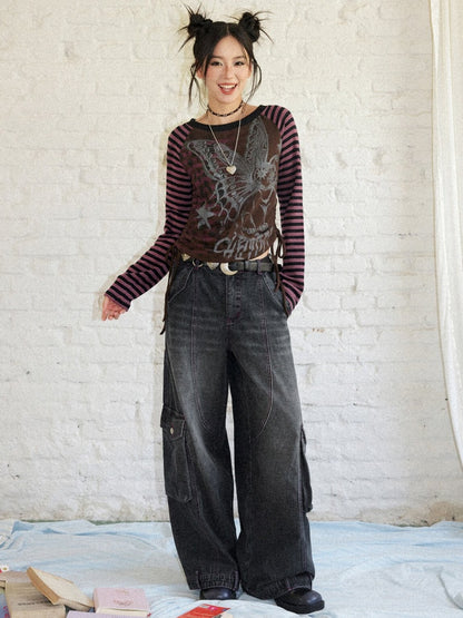 Cat Rhapsody Short Slim Drawstring Knit Striped Patchwork Raglan Sleeve Printed T-Shirt【s0000018162】