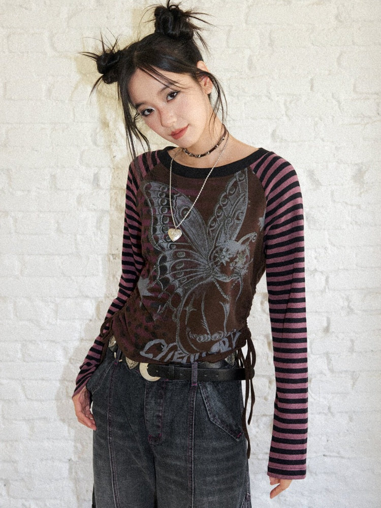 Cat Rhapsody Short Slim Drawstring Knit Striped Patchwork Raglan Sleeve Printed T-Shirt【s0000018162】