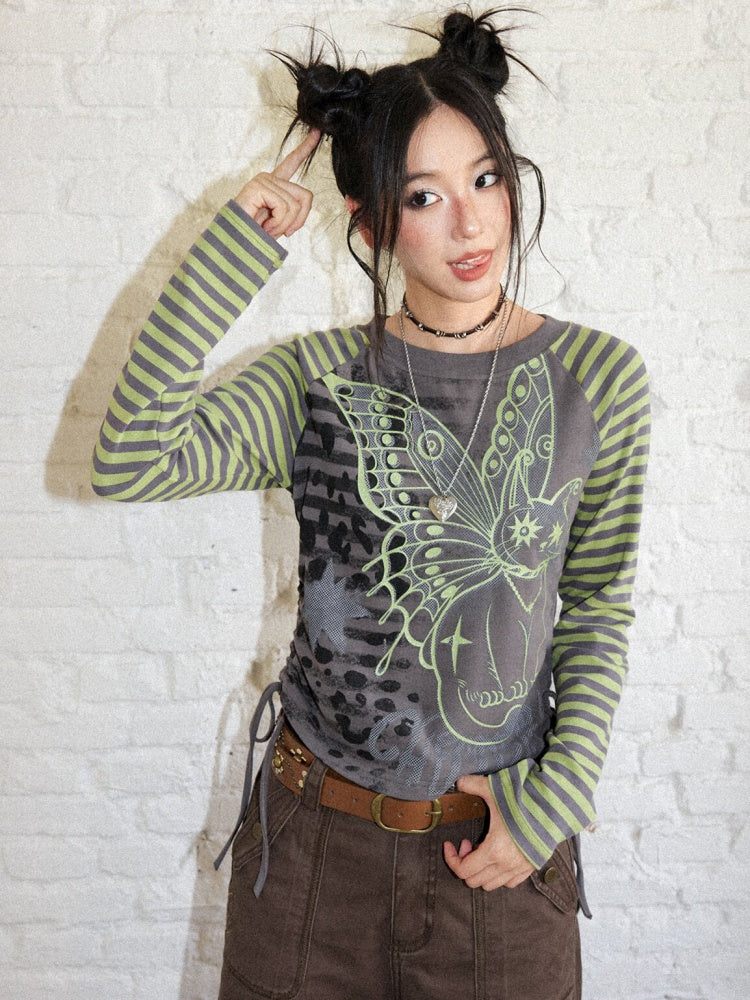 Cat Rhapsody Short Slim Drawstring Knit Striped Patchwork Raglan Sleeve Printed T-Shirt【s0000018162】