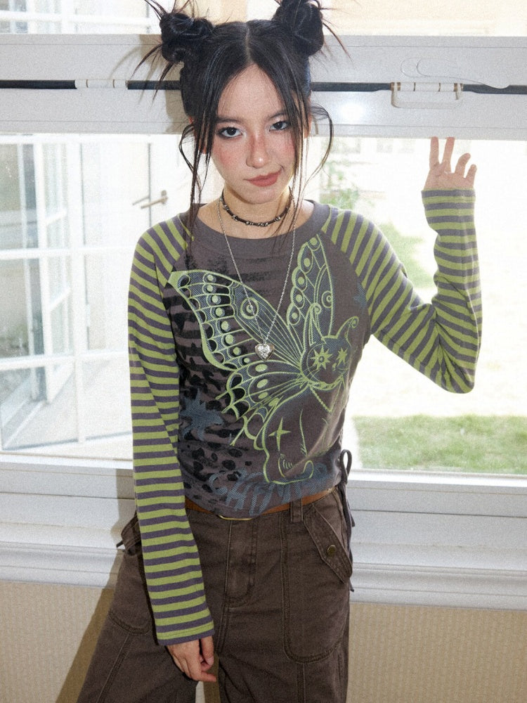Cat Rhapsody Short Slim Drawstring Knit Striped Patchwork Raglan Sleeve Printed T-Shirt【s0000018162】