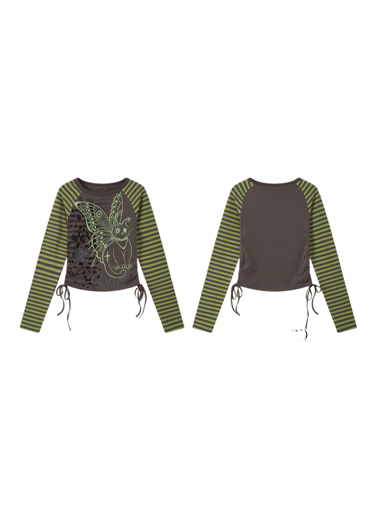 Cat Rhapsody Short Slim Drawstring Knit Striped Patchwork Raglan Sleeve Printed T-Shirt【s0000018162】