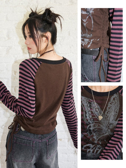 Cat Rhapsody Short Slim Drawstring Knit Striped Patchwork Raglan Sleeve Printed T-Shirt【s0000018162】