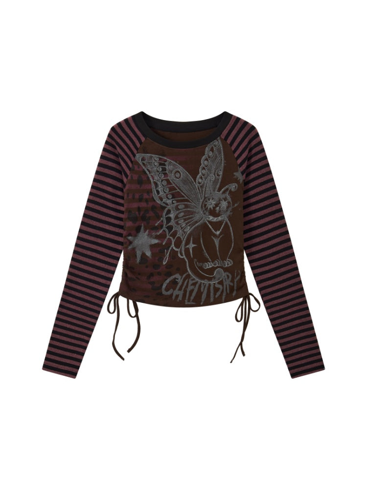 Cat Rhapsody Short Slim Drawstring Knit Striped Patchwork Raglan Sleeve Printed T-Shirt【s0000018162】