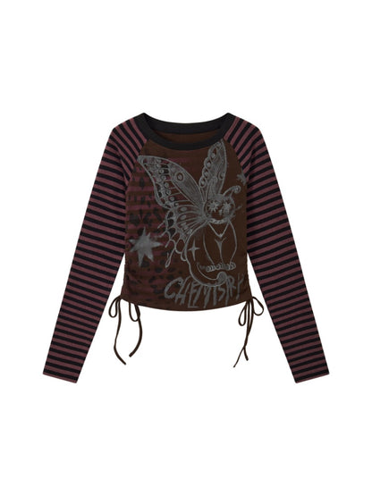 Cat Rhapsody Short Slim Drawstring Knit Striped Patchwork Raglan Sleeve Printed T-Shirt【s0000018162】