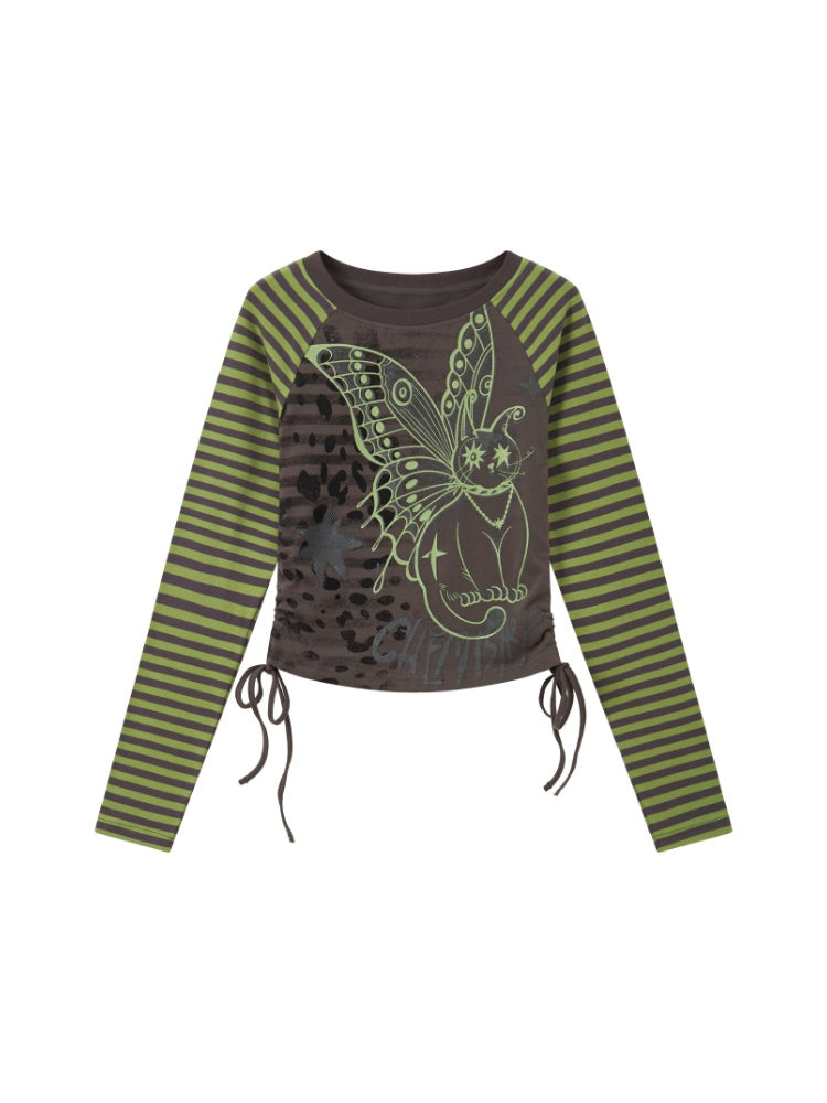 Cat Rhapsody Short Slim Drawstring Knit Striped Patchwork Raglan Sleeve Printed T-Shirt【s0000018162】