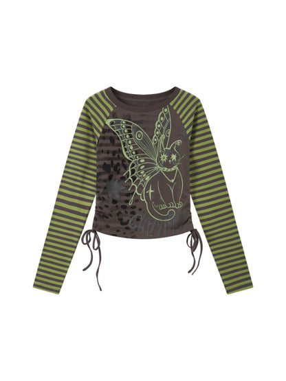 Cat Rhapsody Short Slim Drawstring Knit Striped Patchwork Raglan Sleeve Printed T-Shirt【s0000018162】