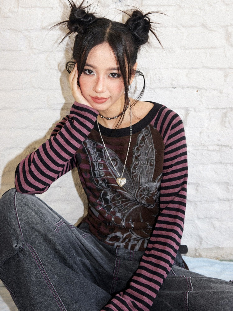 Cat Rhapsody Short Slim Drawstring Knit Striped Patchwork Raglan Sleeve Printed T-Shirt【s0000018162】