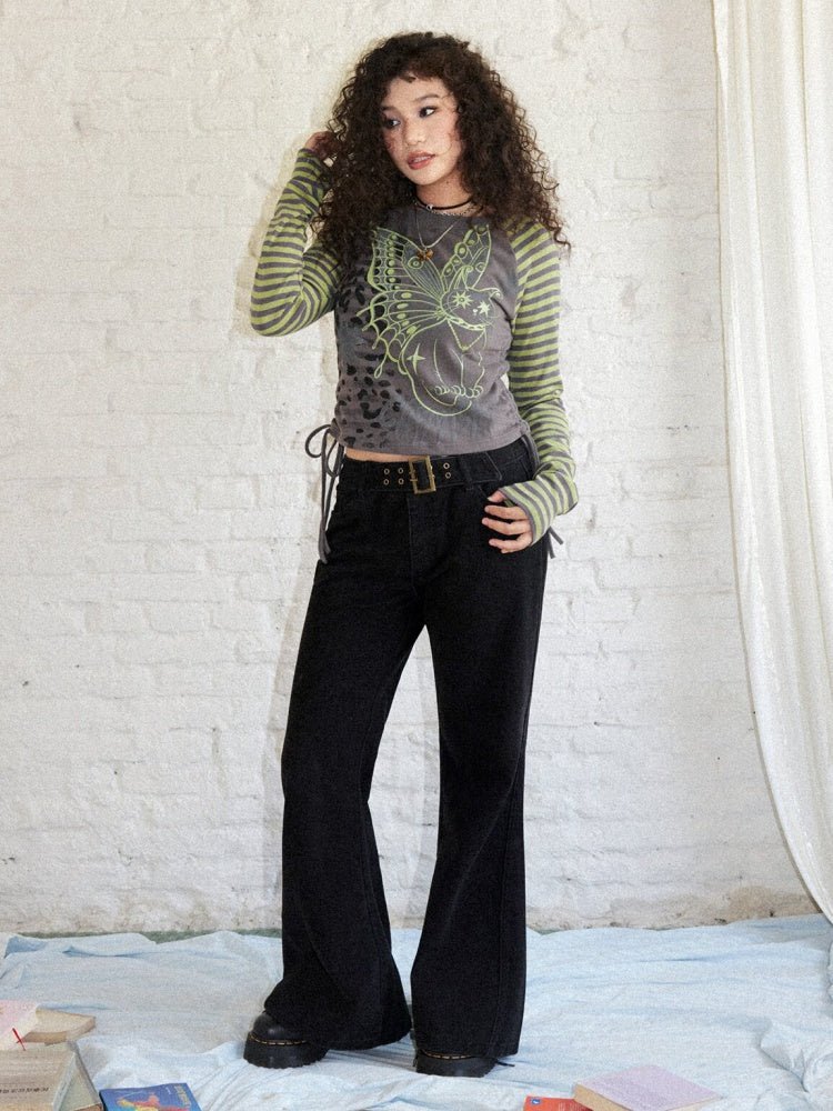 Cat Rhapsody Short Slim Drawstring Knit Striped Patchwork Raglan Sleeve Printed T-Shirt【s0000018162】