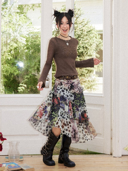 Floral Memories Vintage Floral Patchwork Irregular Midi Skirts【s0000018163】