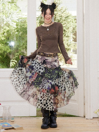 Floral Memories Vintage Floral Patchwork Irregular Midi Skirts【s0000018163】