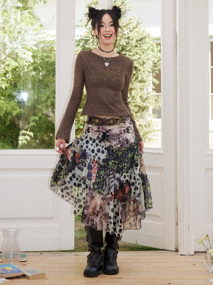 Floral Memories Vintage Floral Patchwork Irregular Midi Skirts【s0000018163】