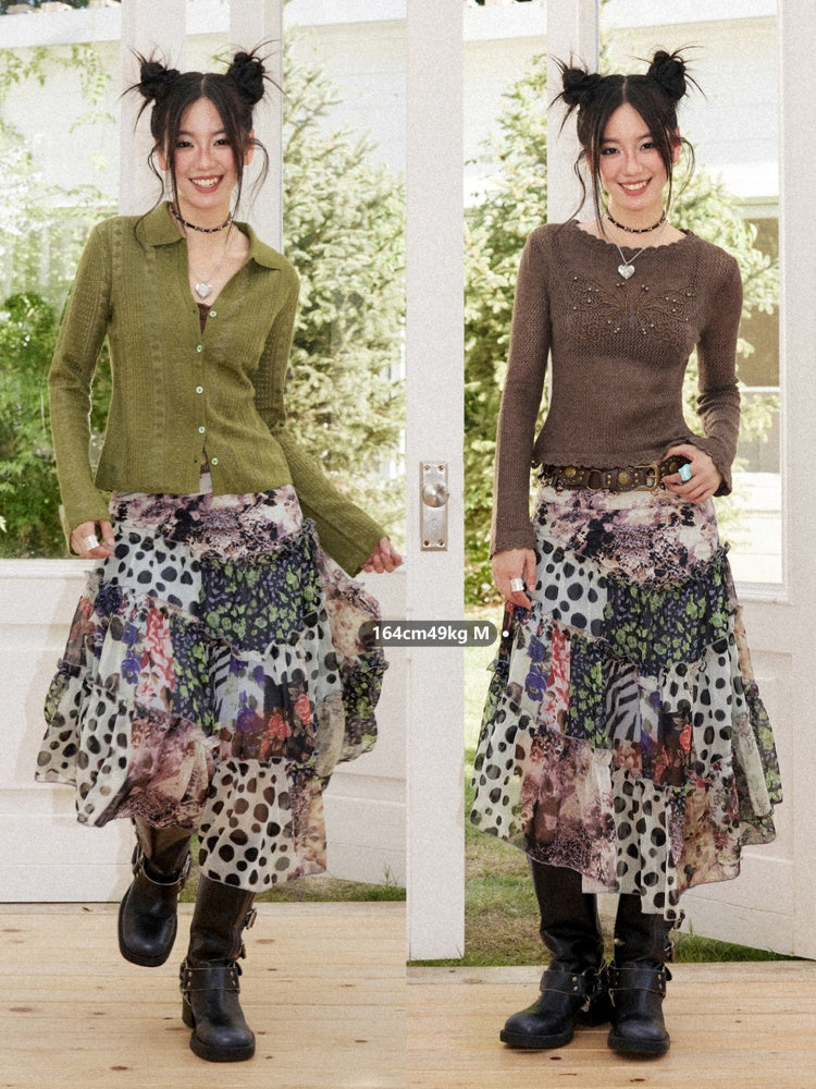 Floral Memories Vintage Floral Patchwork Irregular Midi Skirts【s0000018163】