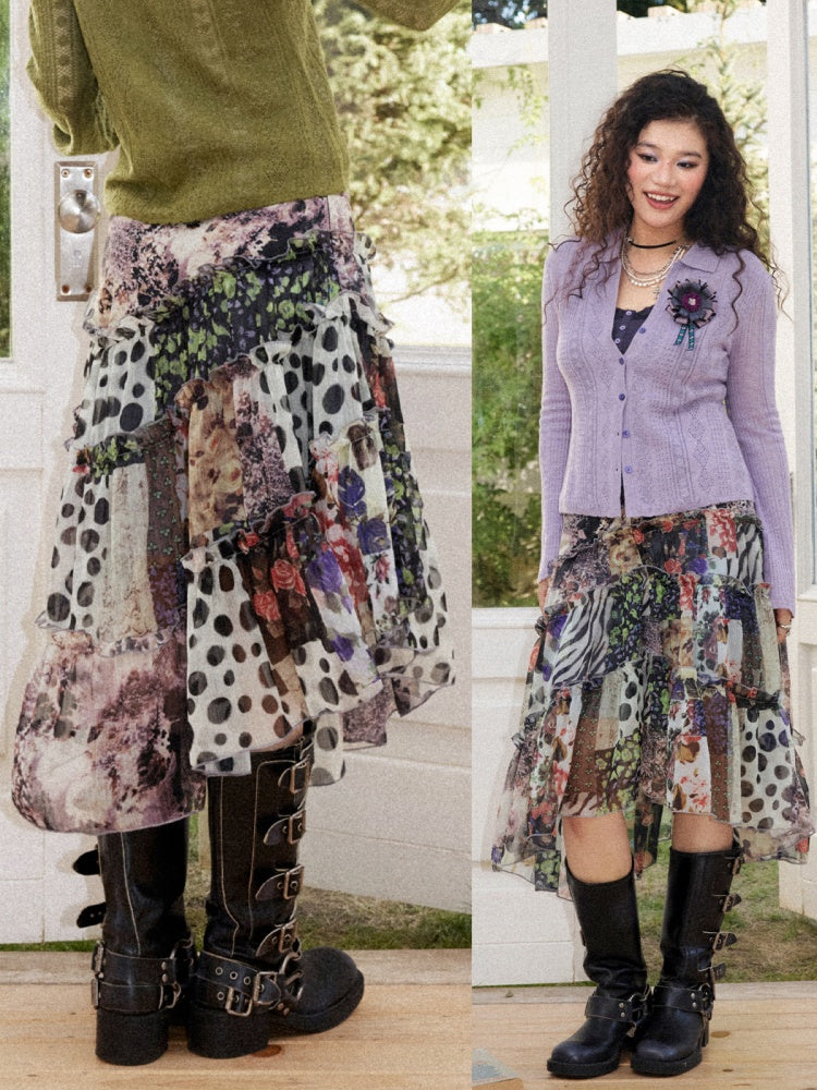 Floral Memories Vintage Floral Patchwork Irregular Midi Skirts【s0000018163】
