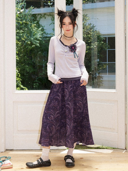 Floral Drape Elastic Waist Vintage Casual A-Line Skirt【s0000018164】