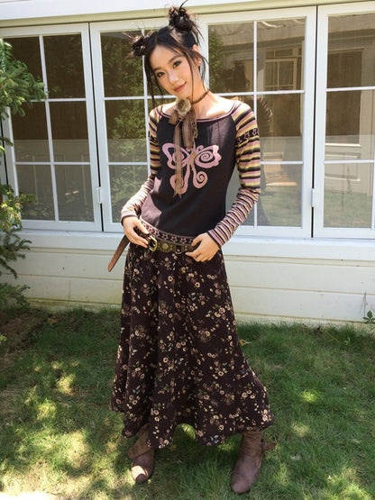 Floral Drape Elastic Waist Vintage Casual A-Line Skirt【s0000018164】