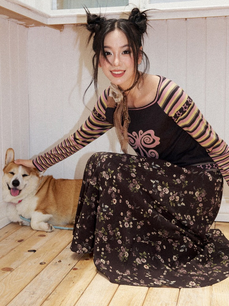 Floral Drape Elastic Waist Vintage Casual A-Line Skirt【s0000018164】