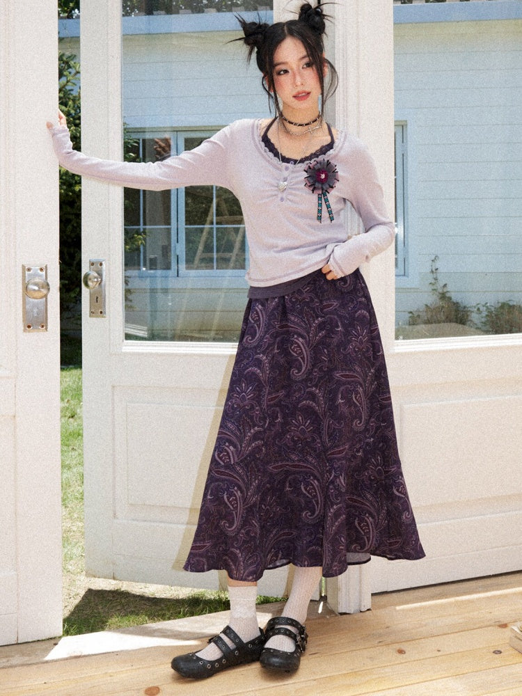 Floral Drape Elastic Waist Vintage Casual A-Line Skirt【s0000018164】