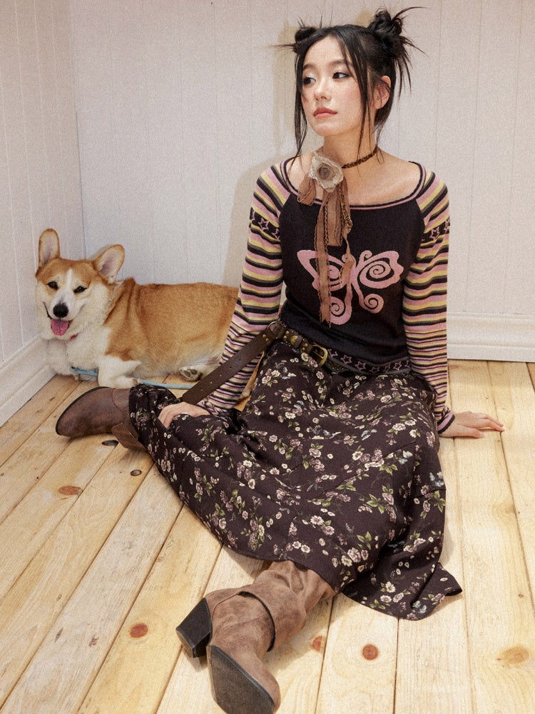 Floral Drape Elastic Waist Vintage Casual A-Line Skirt【s0000018164】
