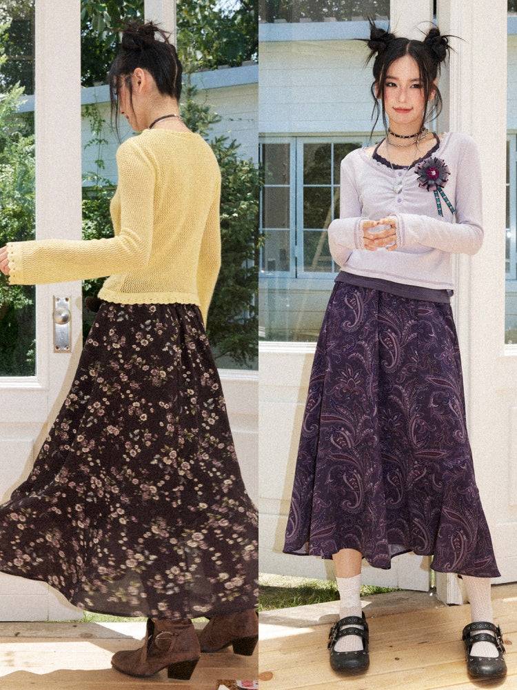 Floral Drape Elastic Waist Vintage Casual A-Line Skirt【s0000018164】