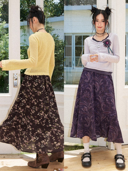 Floral Drape Elastic Waist Vintage Casual A-Line Skirt【s0000018164】