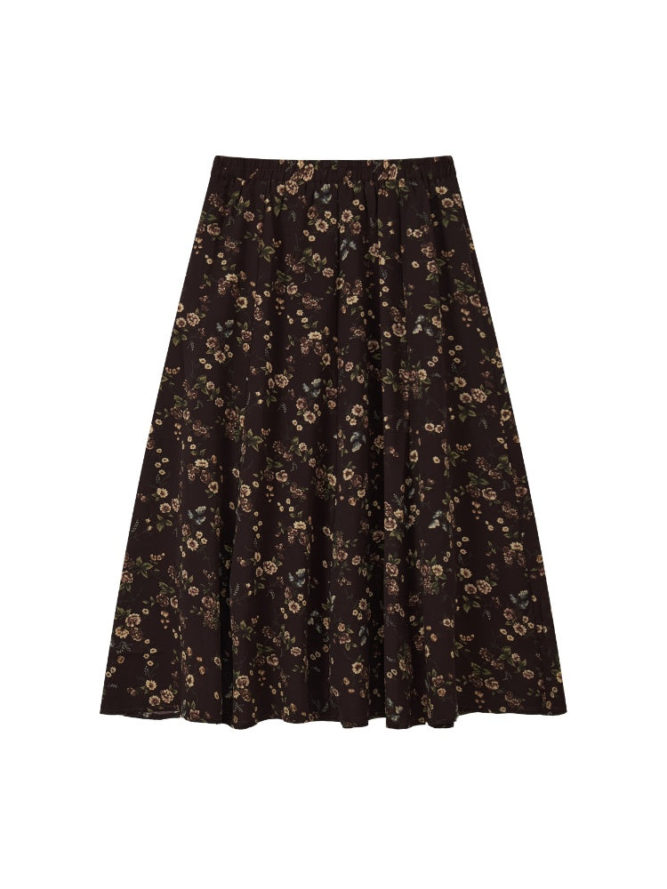 Floral Drape Elastic Waist Vintage Casual A-Line Skirt【s0000018164】