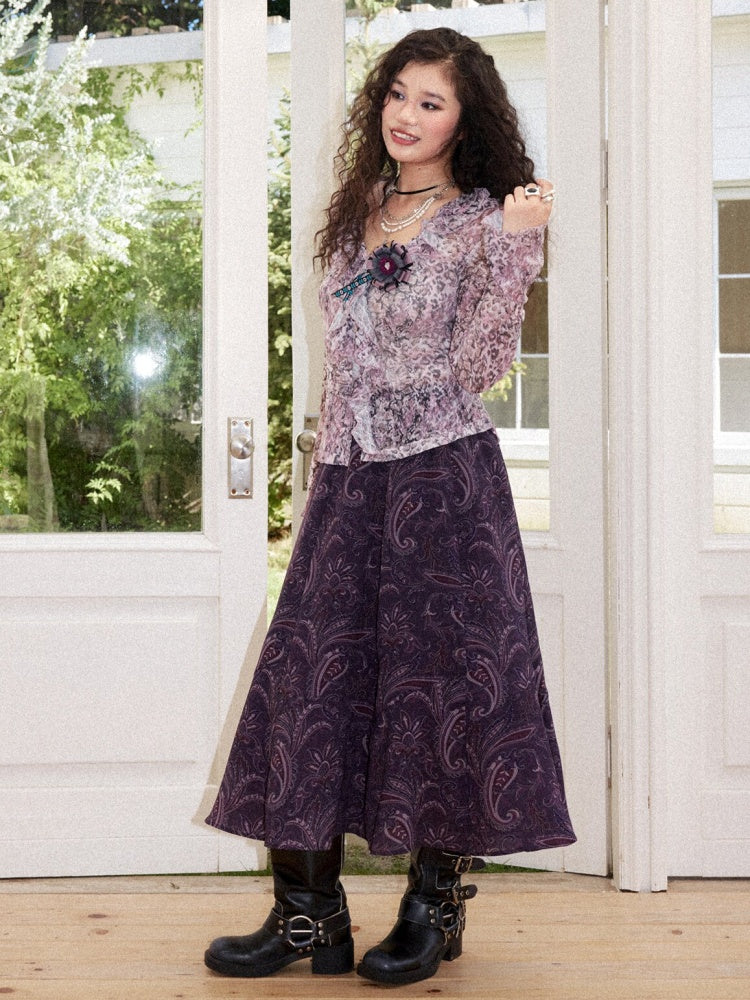 Floral Drape Elastic Waist Vintage Casual A-Line Skirt【s0000018164】