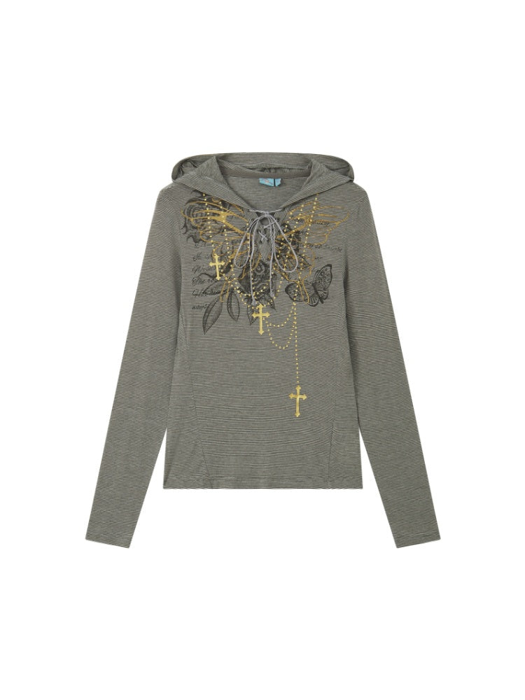 Floral Notes Old Stories V-Neck Slim Knit Vintage Printed Hooded Tie Long-Sleeve T-Shirt【s0000018165】