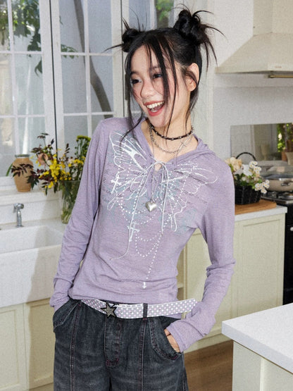Floral Notes Old Stories V-Neck Slim Knit Vintage Printed Hooded Tie Long-Sleeve T-Shirt【s0000018165】