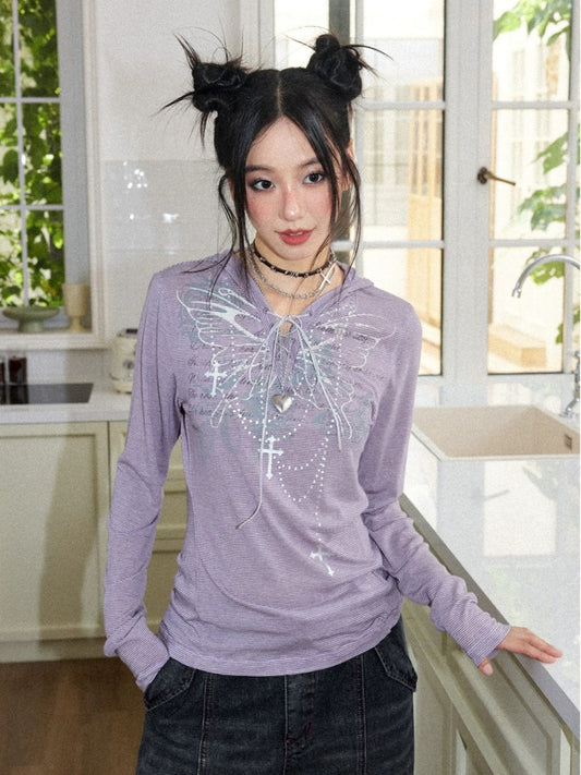 Floral Notes Old Stories V-Neck Slim Knit Vintage Printed Hooded Tie Long-Sleeve T-Shirt【s0000018165】