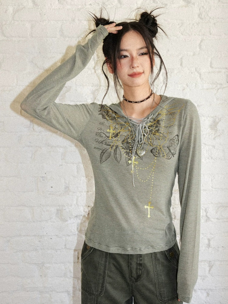 Floral Notes Old Stories V-Neck Slim Knit Vintage Printed Hooded Tie Long-Sleeve T-Shirt【s0000018165】
