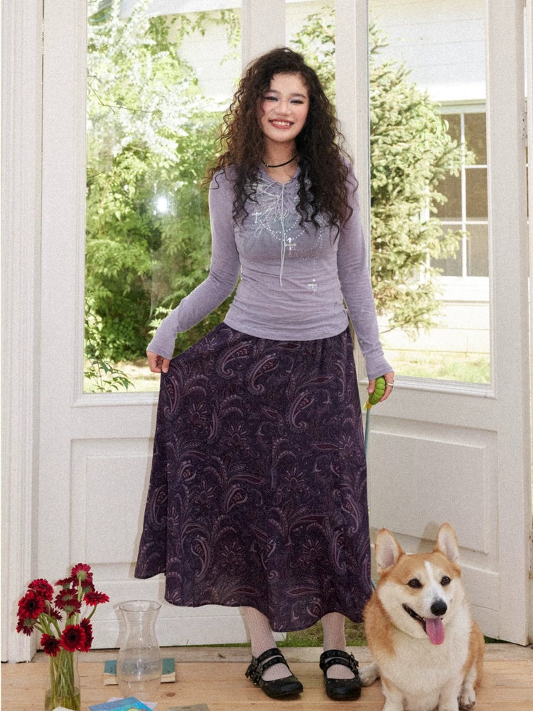 Floral Notes Old Stories V-Neck Slim Knit Vintage Printed Hooded Tie Long-Sleeve T-Shirt【s0000018165】