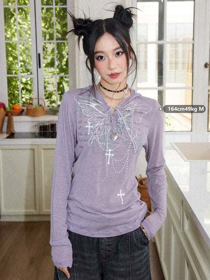 Floral Notes Old Stories V-Neck Slim Knit Vintage Printed Hooded Tie Long-Sleeve T-Shirt【s0000018165】