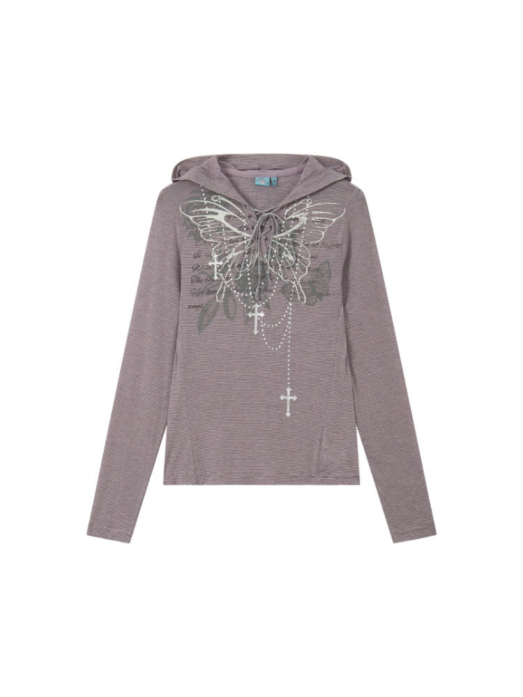 Floral Notes Old Stories V-Neck Slim Knit Vintage Printed Hooded Tie Long-Sleeve T-Shirt【s0000018165】