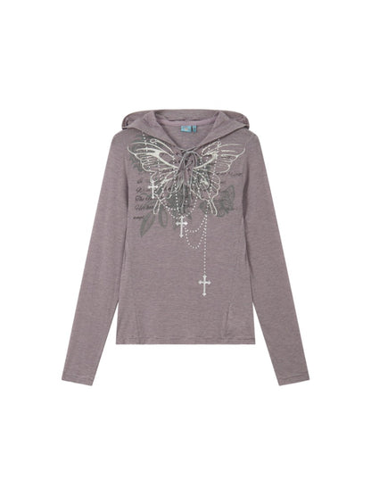 Floral Notes Old Stories V-Neck Slim Knit Vintage Printed Hooded Tie Long-Sleeve T-Shirt【s0000018165】
