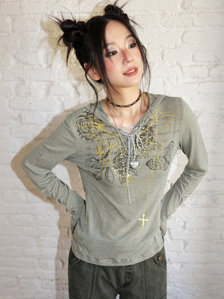 Floral Notes Old Stories V-Neck Slim Knit Vintage Printed Hooded Tie Long-Sleeve T-Shirt【s0000018165】